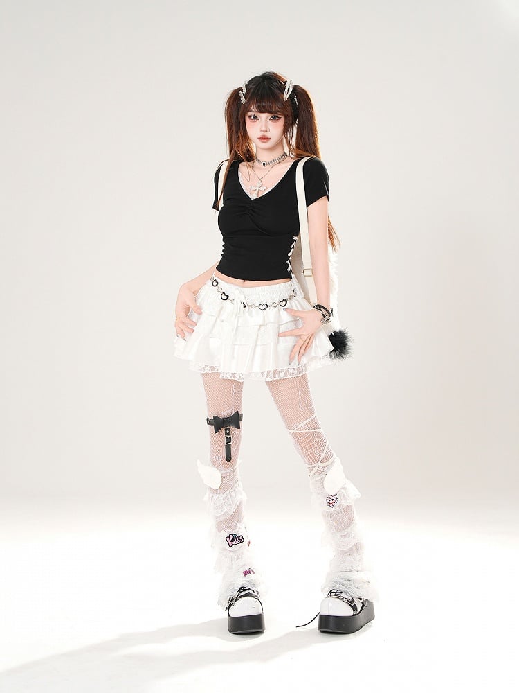 Slim-fitting V-neck Lace Trim Lace-up White/Black T-shirt Side
