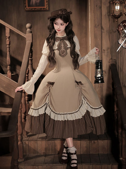 Brown Striped Faux Two-Piece Lolita Dress Outfit with Cape, Jabot & Mini Hat - With PUJI