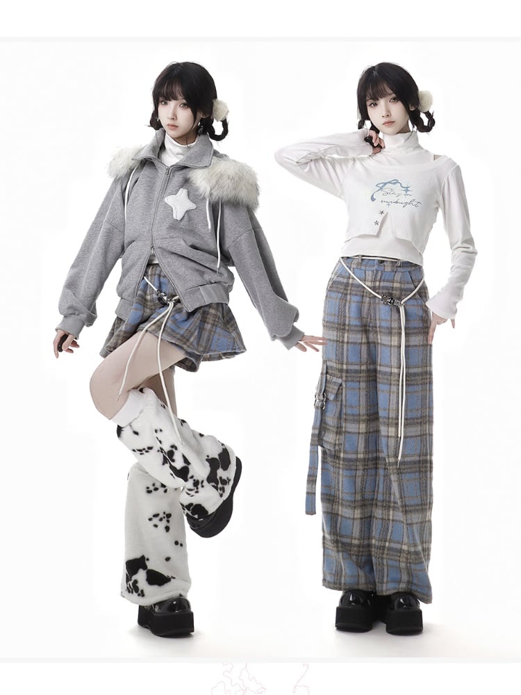 Blaue karierte Hose mit Cargotaschen