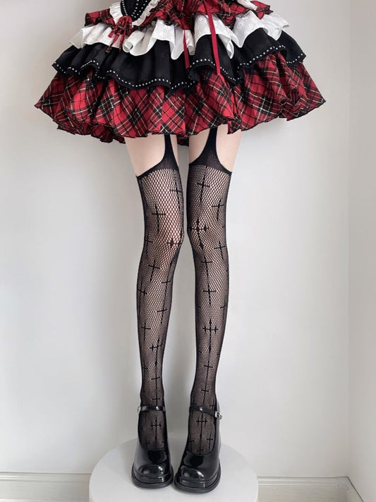 Cross Fishnet Black Tights Gothic Pattern Suspender