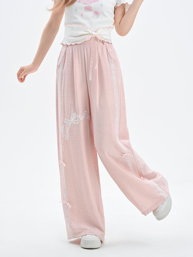 Sweet Regular/Short Pink High Version Waist Wide-Leg Pants Bowknot Embroidery