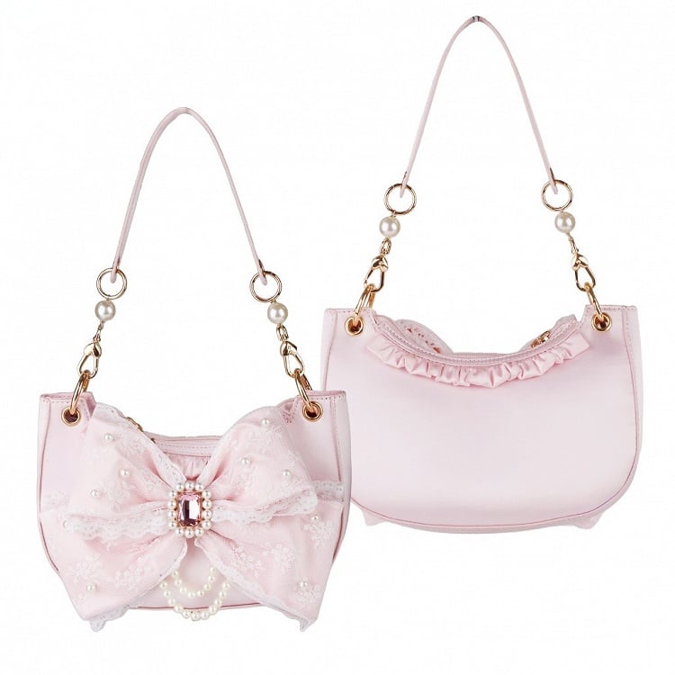 Satin Pink Lolita Underarm Bag with Lace Bow and Crystal - Sheep Puff Bag