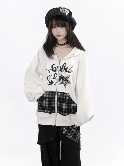 Zip-Up Hoodie with Graffiti Print, Metal Eyelets, Plaid Kangaroo Pocket in White - PINK SAVIOR