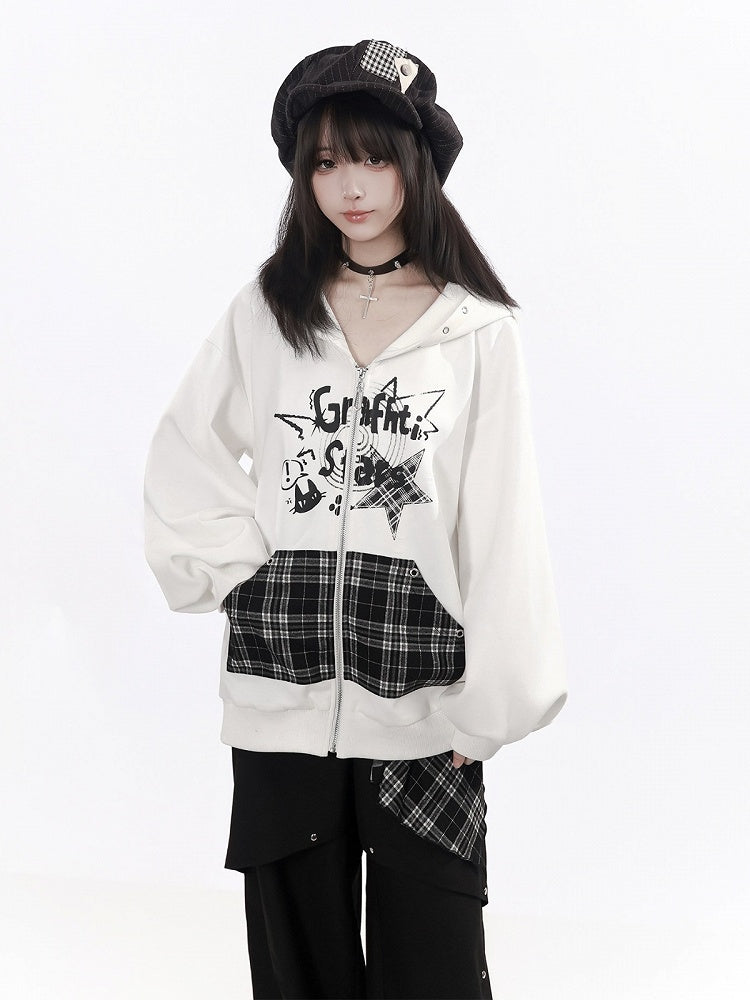 White Graffiti Zip-Up Hoodie with Plaid Kangaroo Pocket & Metal Eyelets - PINK SAVIOR