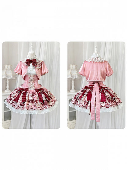 Floral Print & Bowknots Lolita Dress + Bolero Set - Strawberry Fantasy - Unknown Star