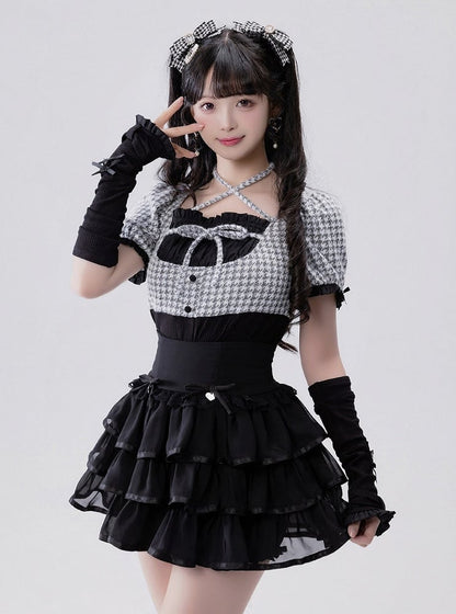 Black Faux Two-Piece Houndstooth Halter Knit Top with Arm Warmers - Fluffy Heart
