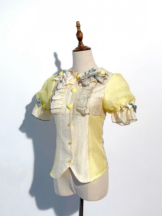 Yellow Bowknot Blouse with Puff Sleeves (S-L) - Sweet Lolita Top