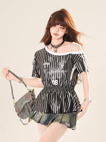 アシンメトリーネックライン ストライプTシャツ スモック 伸縮性ウエスト ブロケット コア ブラック/ブルー