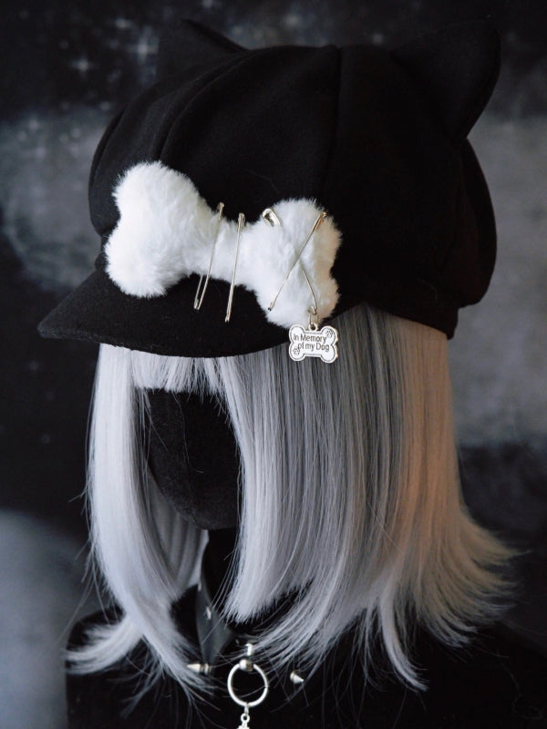 Gothic Decorated Bone Black Plush Pin Ear Hat Beret Design Cat