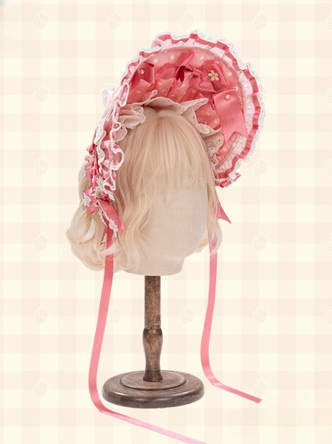 White/Black/Pink Lolita with Polka-dot Bows Bonnet Red/Red