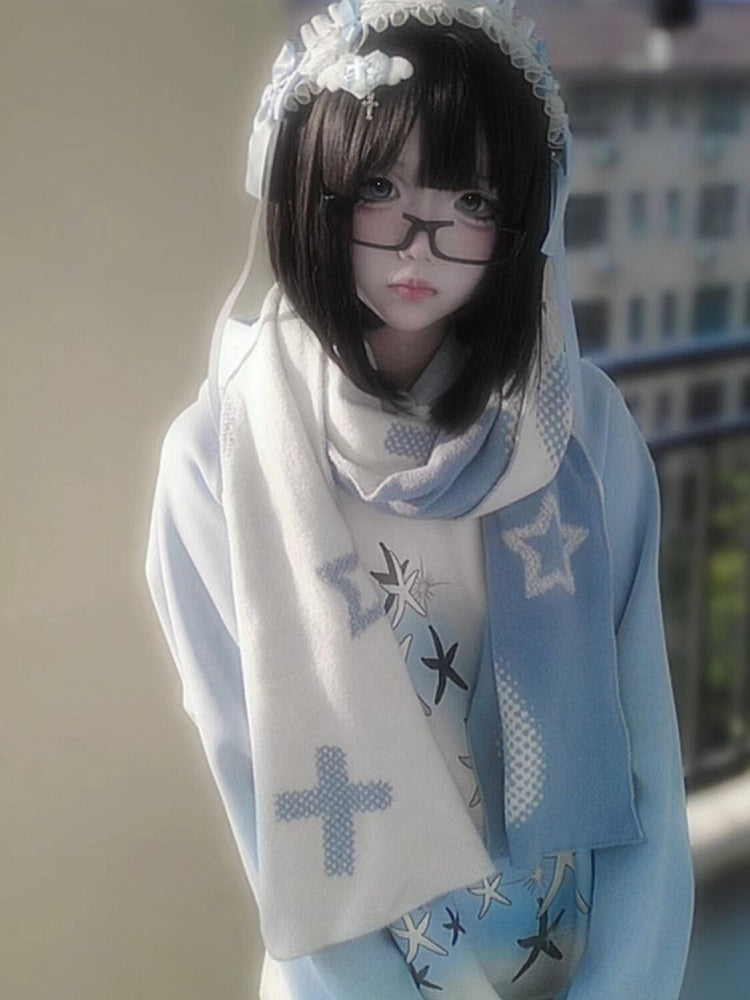 White-Blue Reversible Scarf with Star & Heart Knit - Alita26SS