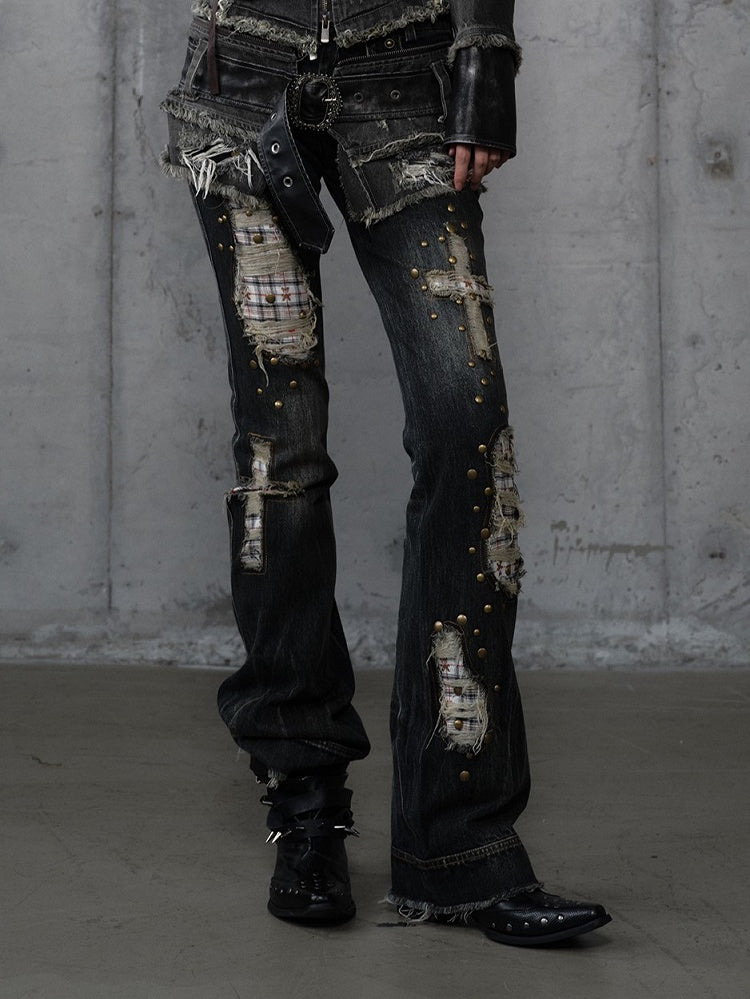 Karierte Distressed Patches Jeans Saum Punk mit ausgefranstem Black Wash Cross
