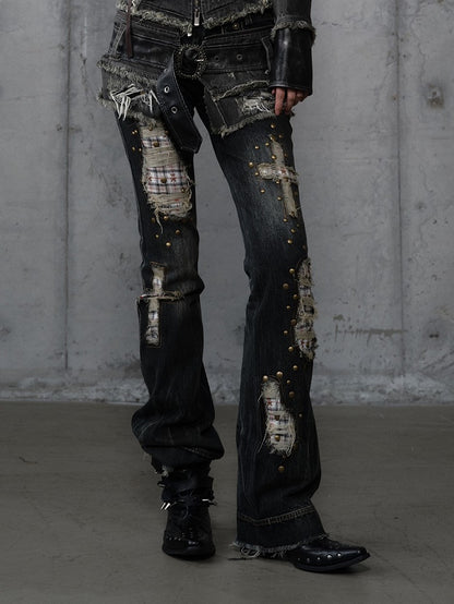 Karierte Distressed Patches Jeans Saum Punk mit ausgefranstem Black Wash Cross