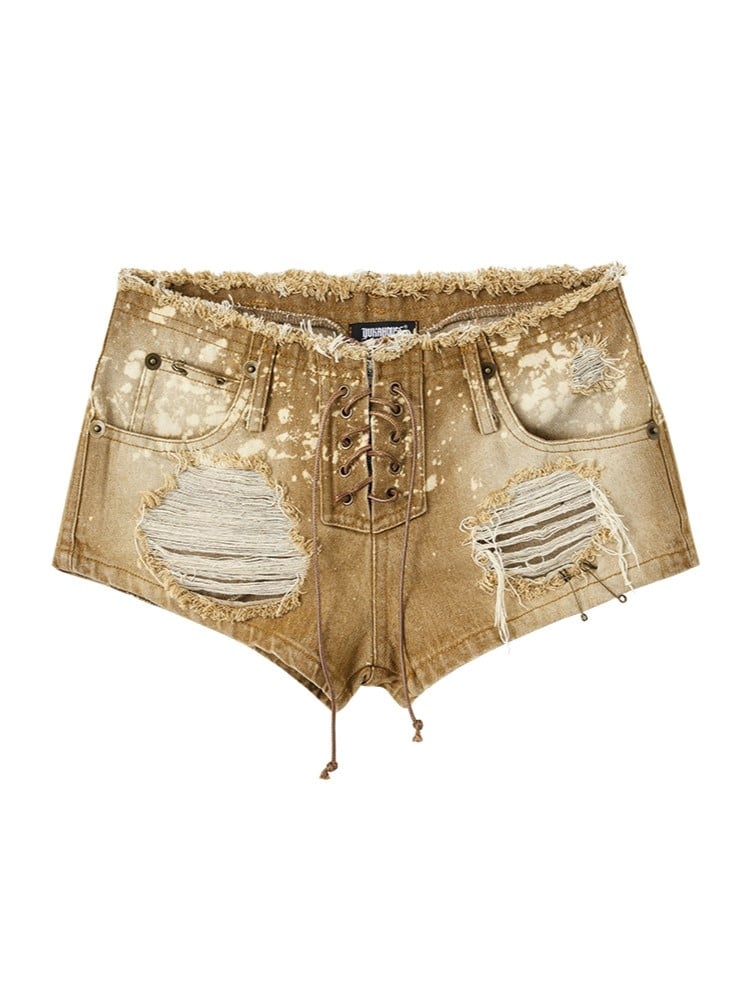 Punk Distressed Vintage Lace-Up Dye Fly Eyelet Metal Khaki Denim Splatter Shorts with
