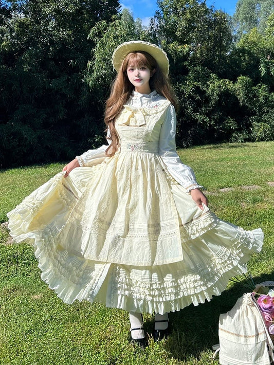 with Ruffled Beige Dress Layers Floral Country Lolita Embroidery Cottagecore