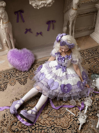 White and Purple Sweetheart Applique Old School Lolita Dress Valentine's Day Fluffy Dress