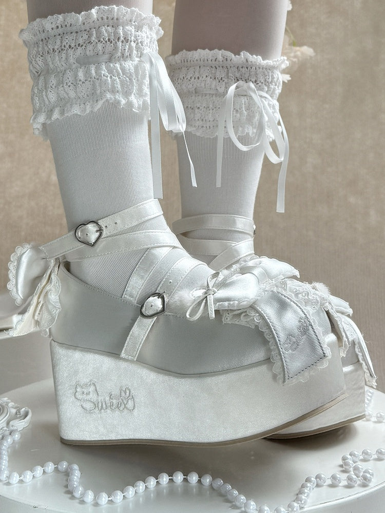 White Ears Janes - Platform Lolita Sweet Mary Satin Bear Plush