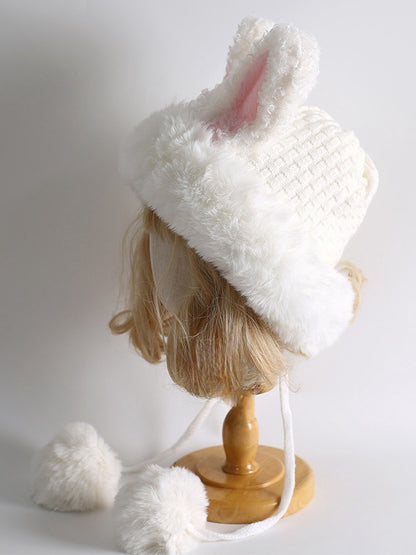 White Sweet Lolita Bunny Ears Plush Hat With Pompons