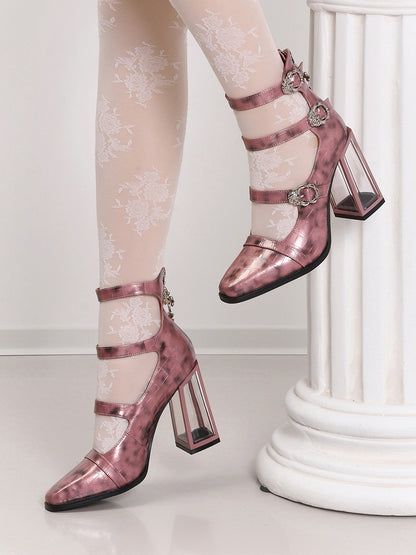 Polished Pink Gothic Crocodile Buckle Straps High Block Heels