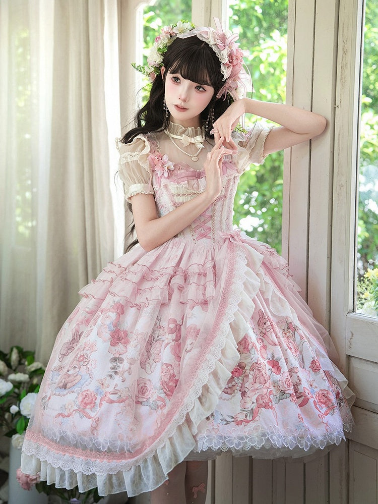 Pink Bow Sweet Lolita Hairclip with Floral Center - Honey Machine