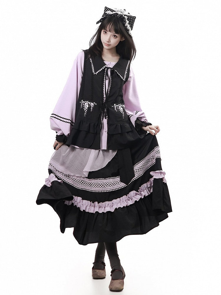 Long Asymmetrical Tulle Skirt in Black & Purple with Lace, Ruffle Trim & Bow - PINK SAVIOR