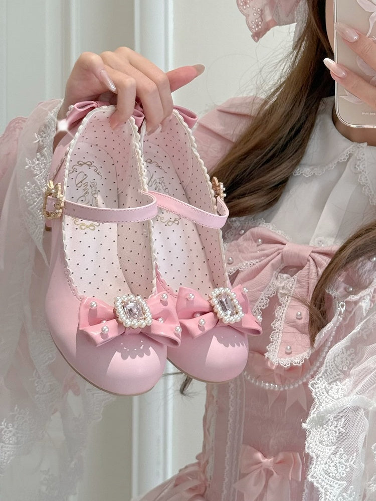 ジェーンズ ボウノット ラインストーン装飾 ラウンド メアリー ロリータ ディテール ビーズトゥ ピンク