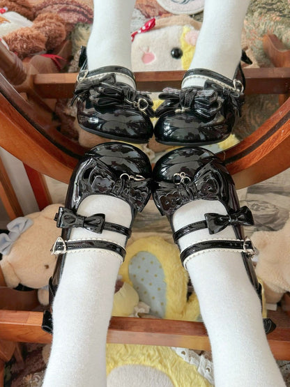 Black PU Kawaii Lolita Shoes with Heart Buckles & Bowknot at Back - Moon Baby Diary