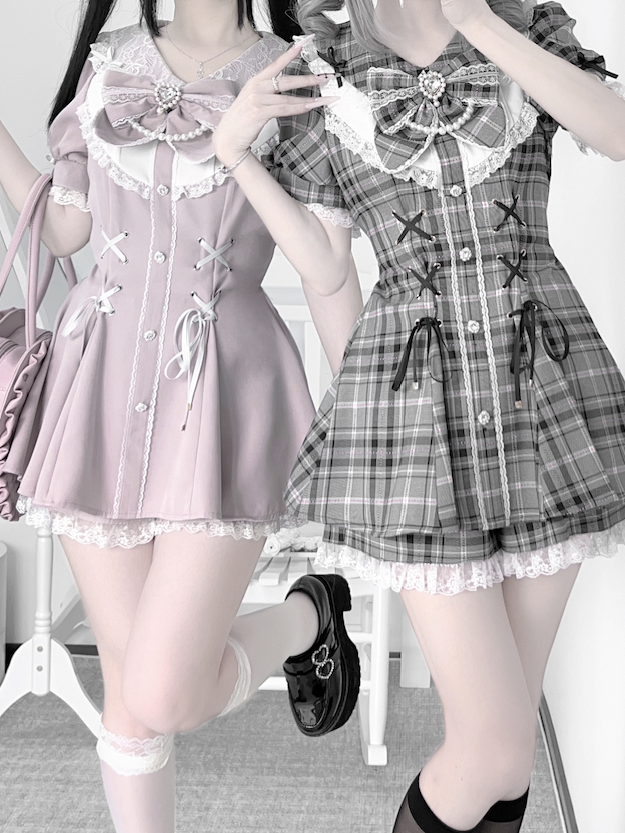 グレーケイチェックウエストラインストーンジライミニドレス+ショーツ装飾セットレースアップディテール