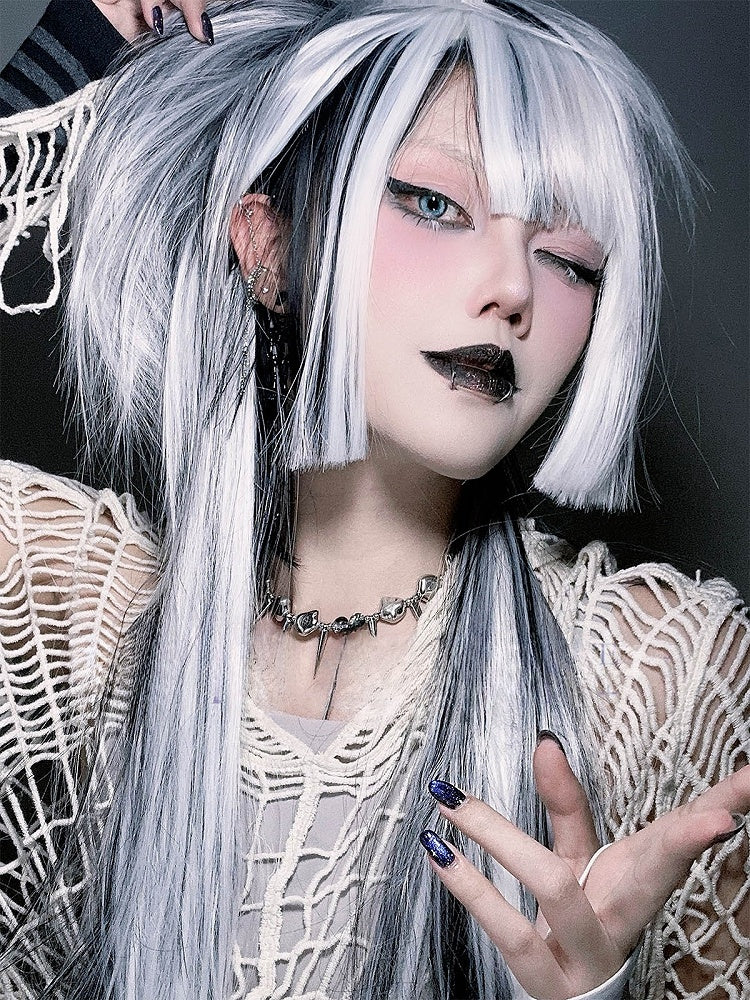 ハイライトホワイトブラック長さゴシックストレートと姫ウィッグ前髪付き80CMエアカット