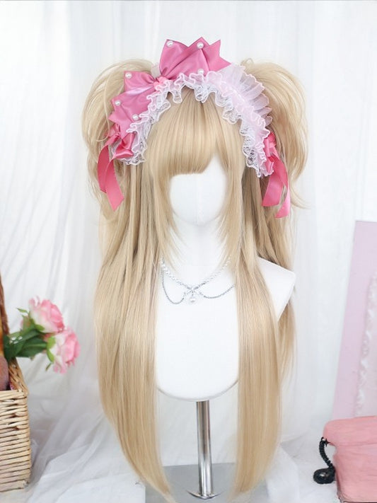 + クリップ付きポニーテール 65-70CM 前髪フルダブルストレートカーリーウィッグ付き ブロンド 35CM 爪の長さ