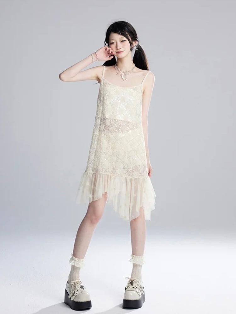 ストラップレスヘムクロップド丈スパンコールメッシュスリップドレス/アプリコットアプリコットセミシースルートップスター柄アシンメトリー