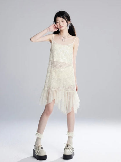 ストラップレスヘムクロップド丈スパンコールメッシュスリップドレス/アプリコットアプリコットセミシースルートップスター柄アシンメトリー