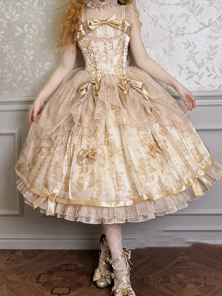 Drawstring Lolita Skirt Corset Waist Overlay Champagne Jumper