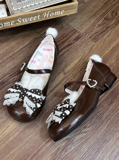 Lolita Bunny Shoes Pom Mary Jane Brown Sweet with Ears Tail