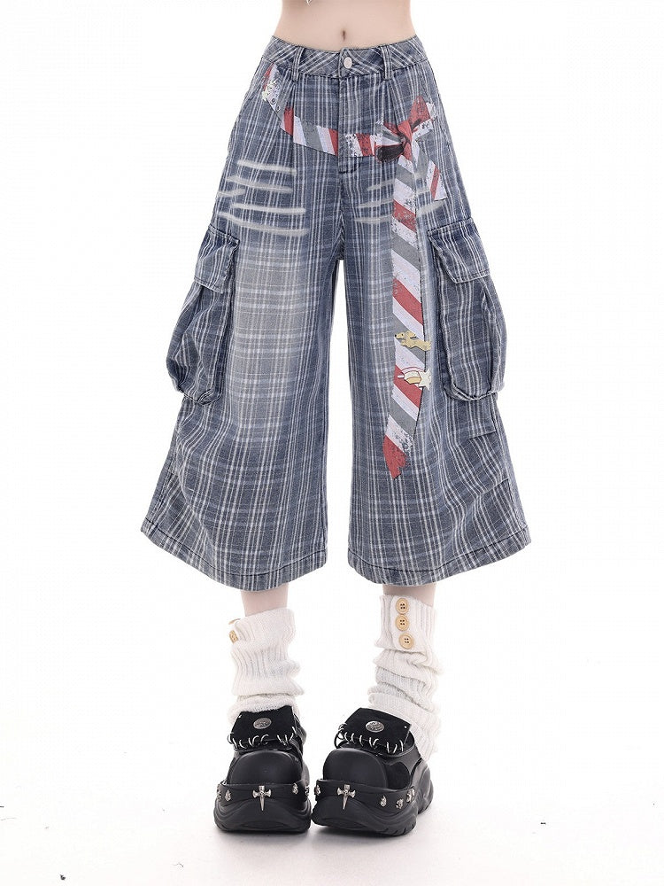 Blue Plaid Denim Wide Leg Cropped Pants with Belt Print - KNOW8 Online Shop