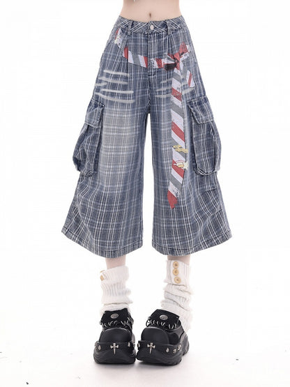 Blue Plaid Denim Wide Leg Cropped Pants with Belt Print - KNOW8 Online Shop