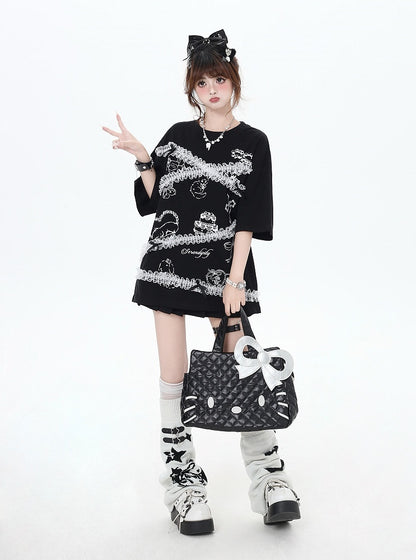 Lace Trim T-Shirt Neck Loose Black/White Cartoon Print Bittersweet Round