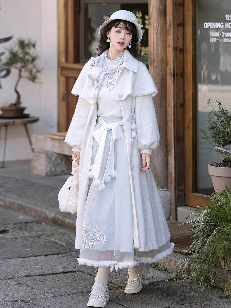 Embroidered Lolita Skirt Winter Set Snowman Blue White Coat Top Elegant + Knitted Castle