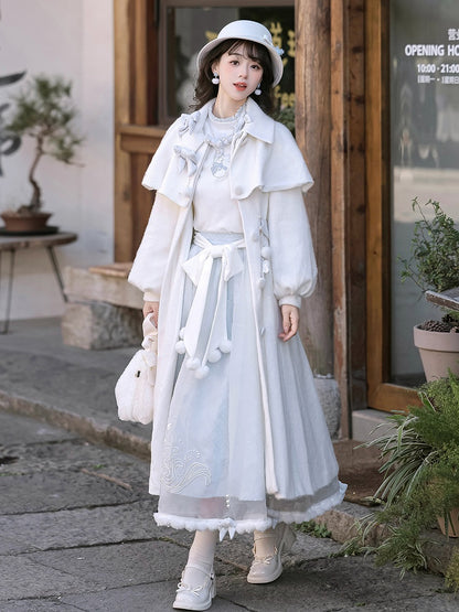 Embroidered Lolita Skirt Winter Set Snowman Blue White Coat Top Elegant + Knitted Castle