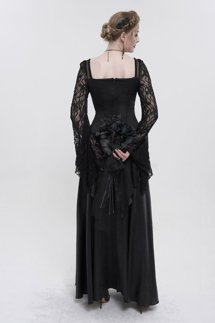 Black Lace Pointed Long Sleeves Back Zipper Satin Floor-Length Gothic Gown