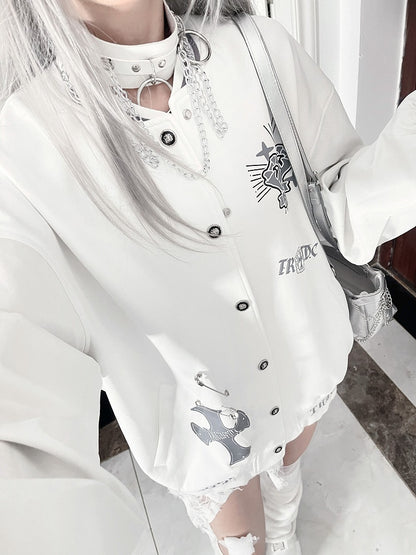 Jacketwith Baseball PrintStriped Gray Cuff Vintage Gothic White Crown+Wing