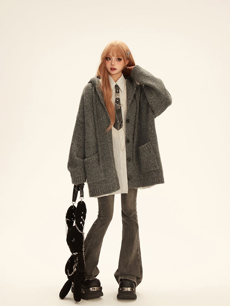 V-Neck Square Knit Deep Mid-Length Gray with Pockets Hooded Cardigan