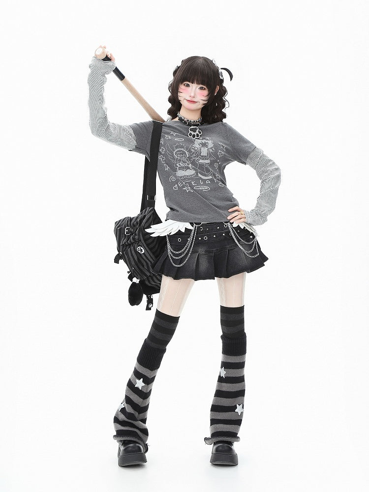 Cartoon Print Long Top Vibes: Otaku Striped Faux Sleeve Two-Piece White/Gray Cozy