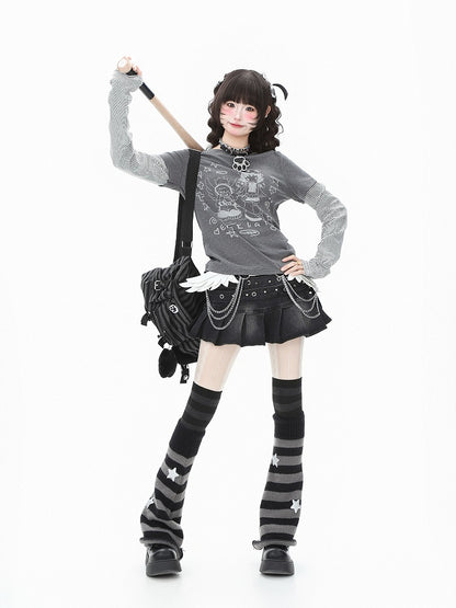 Cartoon Print Long Top Vibes: Otaku Striped Faux Sleeve Two-Piece White/Gray Cozy