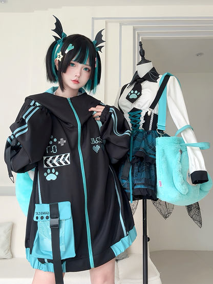 フード付きテックウェア ブラックフューチャリスティックジャケット ブルー＆サイバーパンク