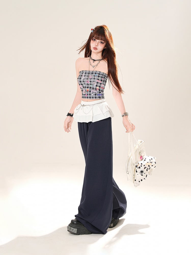 ネイビーブルーのゆったりワイドレッグカジュアルパンツ