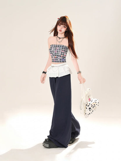 チェック柄ステッカープリント クロップド丈 ピンク/ブラック ストラップレストップ