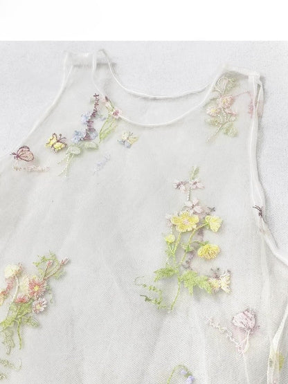 花柄ドレス ホワイト アシンメトリー イエロー ベージュ ホリデーセット - 透け感のある刺繍 + スカート裾