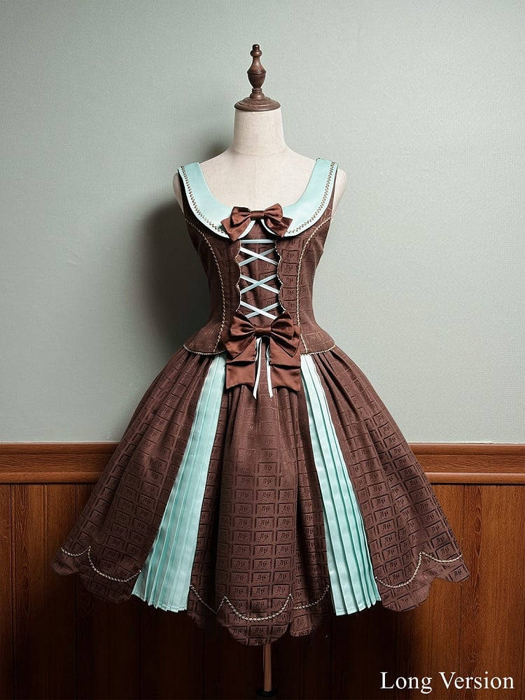 Scoop Scalloped Dress Chocolate Sweet Mint Hem with Lolita Neckline Edge Green