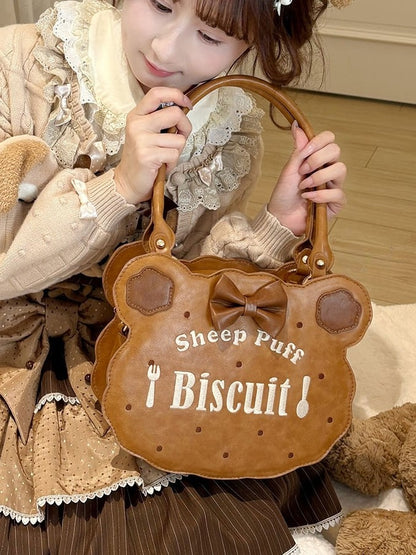 PU Light Brown Lolita Bear Cookie Bag with Fork & Spoon Embroidery